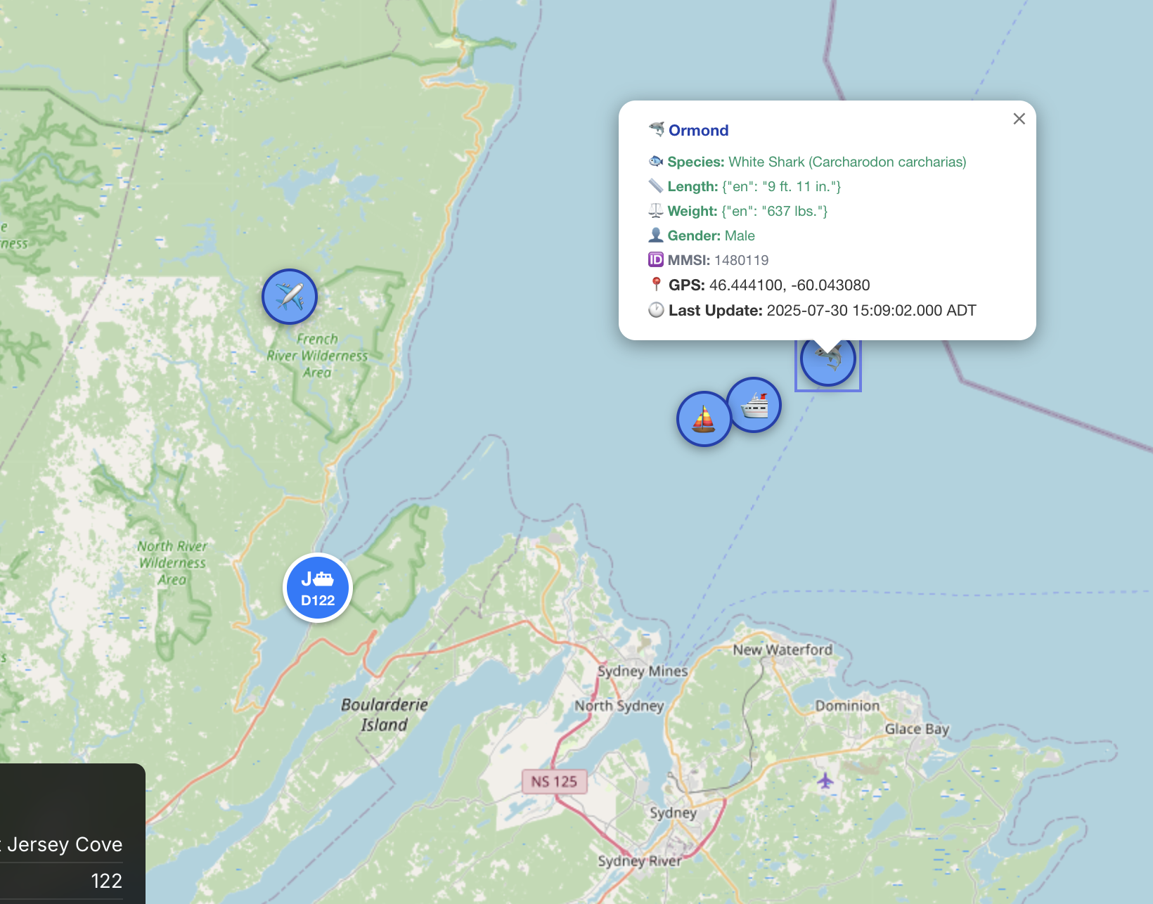 FerryLight Multi-Vessel Area Mapping showing ships, aircraft, and sea animals including sharks on the expanded map view
