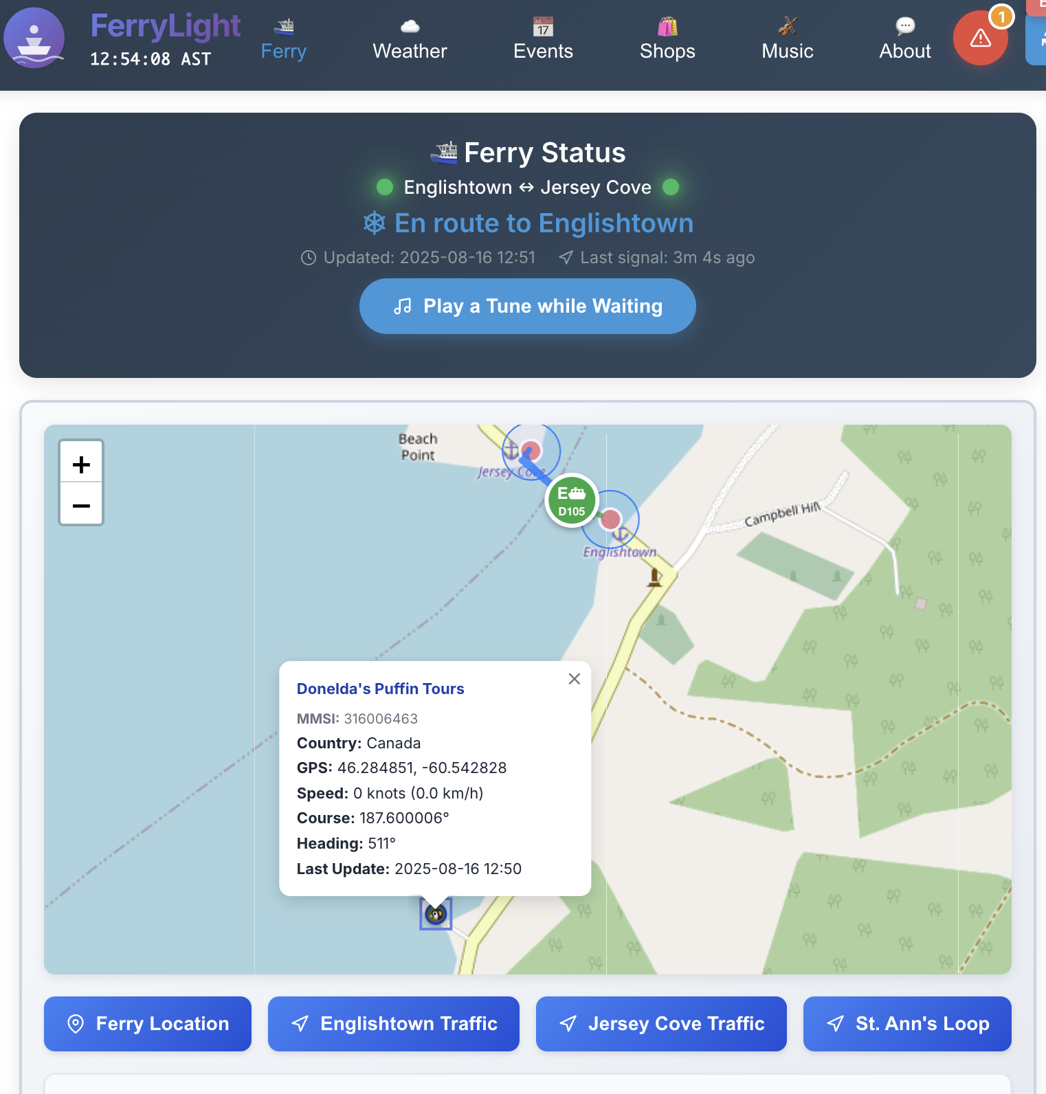 FerryLight Multi-Vessel Area Mapping showing Donelda's Puffin Tours and other vessels on the map